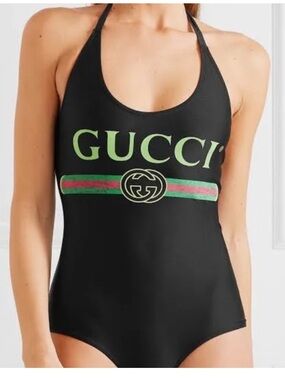 Gucci Black Halter One-Piece Swimsuit with Green & Red Logo Stripe